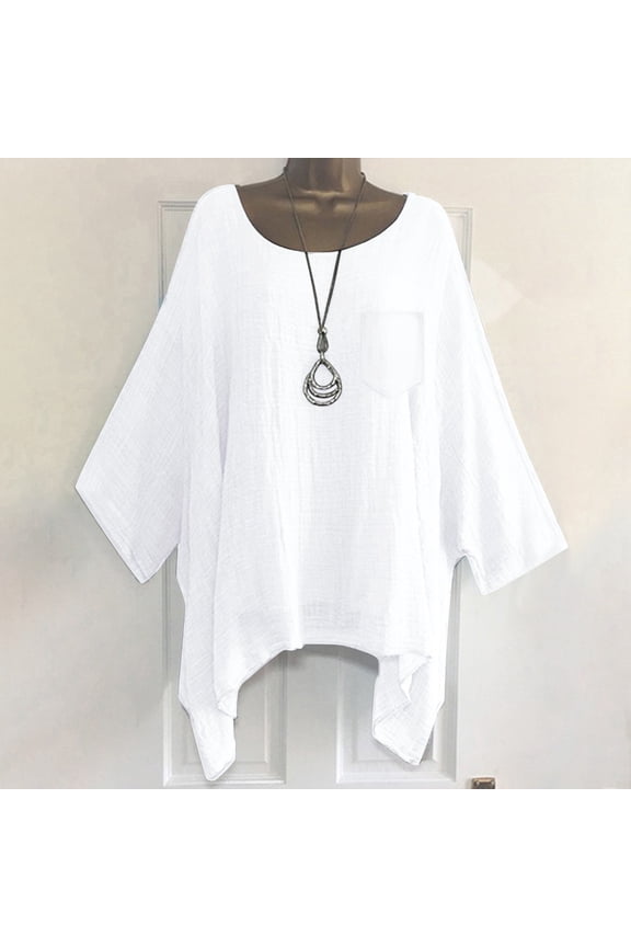 Linen Cotton Summer Tops for Women 3/4 Batwing Sleeve Crewneck Loose Shirt Solid Color Gauze Casual Pullover Tunic Top Linen Blouses for Women Summer 2025 Clothing White Xl
