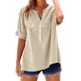 thumbnail image 1 of Pxiakgy Linen Henley Shirts for Women Loose Shirt Solid Color Medium Sleeve Collar Shirt Summer Lightweight V Neck Tops for Women Short Sleeve Plain Tshirts Basic Tees Office Clothes Beige L, 1 of 7