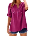 thumbnail image 1 of Pxiakgy Linen Henley Shirts for Women Loose Shirt Solid Color Medium Sleeve Collar Shirt Summer Lightweight V Neck Tops for Women Short Sleeve Plain Tshirts Basic Tees Office Clothes Wine 3Xl, 1 of 7