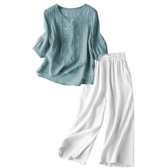 Pxiakgy Linen Sets for Women 2 Piece Casual Embroidered Top and Cotton Linen Long Pants Two Piece Set Short Sleeves Tops Wide Leg Trouser Pants Suits Summer Casual Dressy Linen Sets Mint Green Xl