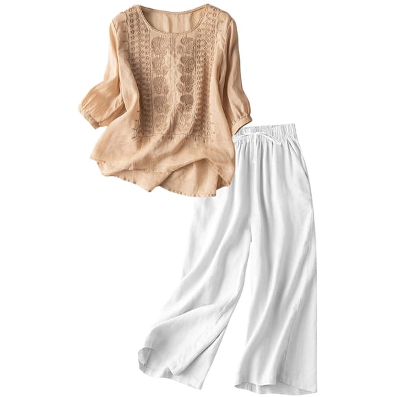 Pxiakgy Linen Sets for Women 2 Piece Women's Casual Embroidered Top and Cotton Linen Long Pants Two Piece Set Short Sleeves Tops Wide Leg Trouser Pants Suits Summer Casual Dressy Linen Sets Khaki M