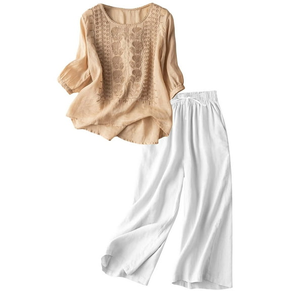 Pxiakgy Linen Sets for Women 2 Piece Women's Casual Embroidered Top and Cotton Linen Long Pants Two Piece Set Short Sleeves Tops Wide Leg Trouser Pants Suits Summer Casual Dressy Linen Sets Khaki Xxl