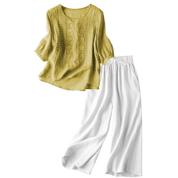 Pxiakgy Linen Sets for Women 2 Piece Women's Casual Embroidered Top and Cotton Linen Long Pants Two Piece Set Short Sleeves Tops Wide Leg Trouser Pants Suits Summer Casual Dressy Linen Sets Yellow M