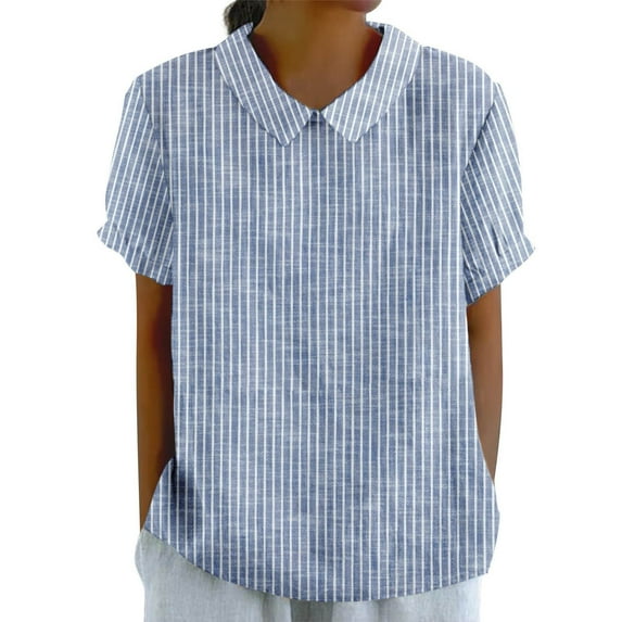 Pxiakgy Linen Shirts for Women Button Down Shirts Short Sleeve Cotton Collared V Neck Solid Casual Blouses Summer Tops Lapel Striped Back Loose Top Casual Shirt T Shirt Blue M