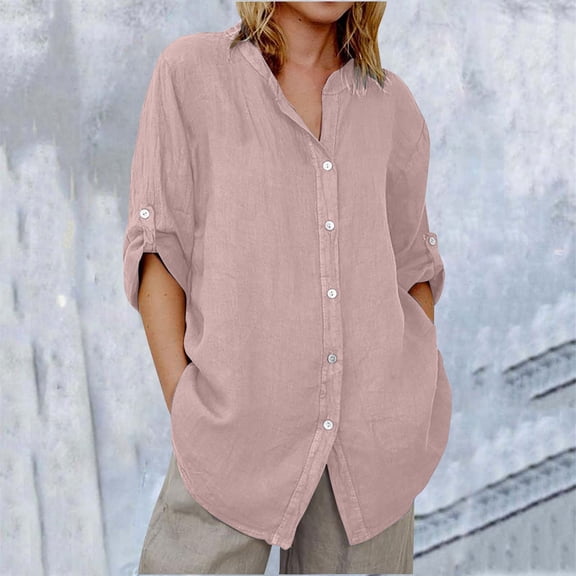 Pxiakgy Linen Shirts for Women Linen Button Down Shirts Long Sleeve Dress Linen Shirt Casual Collared Cotton Button Up Oversized Blouses Summer Loose Fit Short Sleeve Button Down Shirts for Women