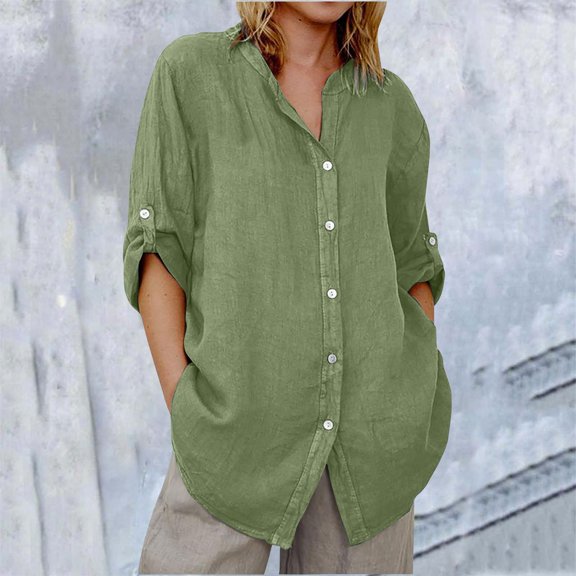 Pxiakgy Linen Shirts for Women Linen Button Down Shirts Long Sleeve Dress Linen Shirt Casual Collared Cotton Button Up Oversized Blouses Summer Loose Fit Short Sleeve Button Down Shirts for Women