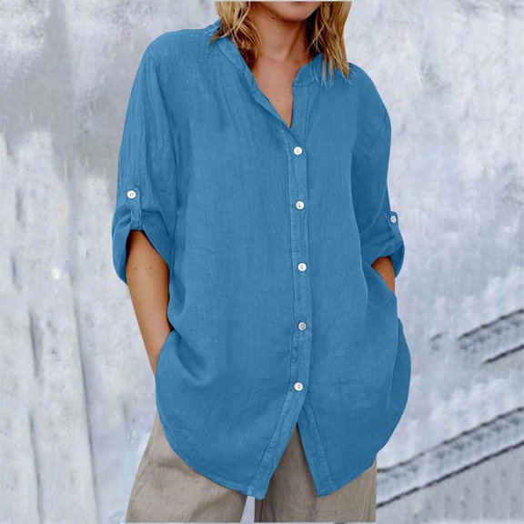 Pxiakgy Linen Shirts for Women Linen Button Down Shirts Long Sleeve Dress Linen Shirt Casual Collared Cotton Button Up Oversized Blouses Summer Loose Fit Short Sleeve Button Down Shirts for Women