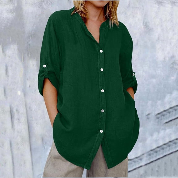 Pxiakgy Linen Shirts for Women Linen Button Down Shirts Long Sleeve Dress Linen Shirt Casual Collared Cotton Button Up Oversized Blouses Summer Loose Fit Short Sleeve Button Down Shirts for Women