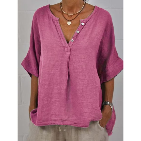 Pxiakgy Linen Shirts for Women Mid Sleeve Cotton Linen Solid Color Door Bottle V Neck Shirt Mid Sleeve T Shirt Summer Loose Fit Short Sleeve Button Down Shirts for Women