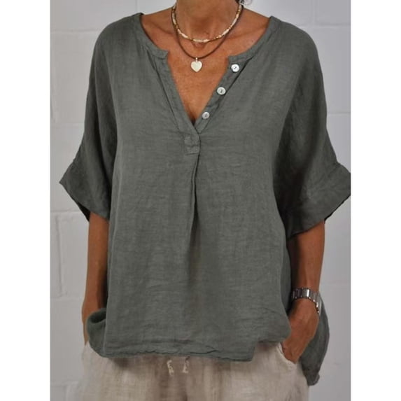 Pxiakgy Linen Shirts for Women Mid Sleeve Cotton Linen Solid Color Door Bottle V Neck Shirt Mid Sleeve T Shirt Summer Loose Fit Short Sleeve Button Down Shirts for Women
