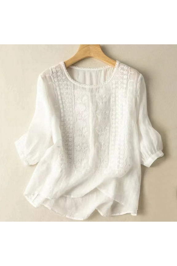 Linen Shirts for Women Retro Embroidered 3/4 Sleeve Boho Tops Summer Gauze Shirts Cotton Linen Tops Elbow Sleeve Solid Color Pullover Shirts Travel Vacation 3/4 Length Sleeve Shirts M