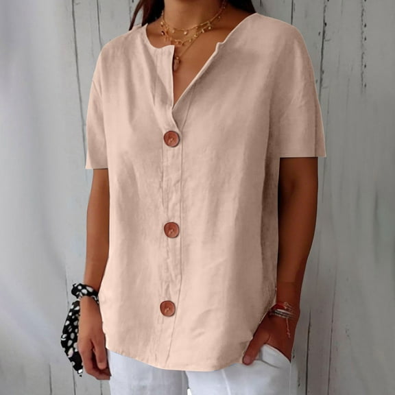 Pxiakgy Linen Shirts for Women Summer Cotton Linen V Neck Short Sleeve Tops Loose Vacation Beach Solid Blouses Tunic Tops Summer Loose Fit Short Sleeve Button Down Shirts for Women