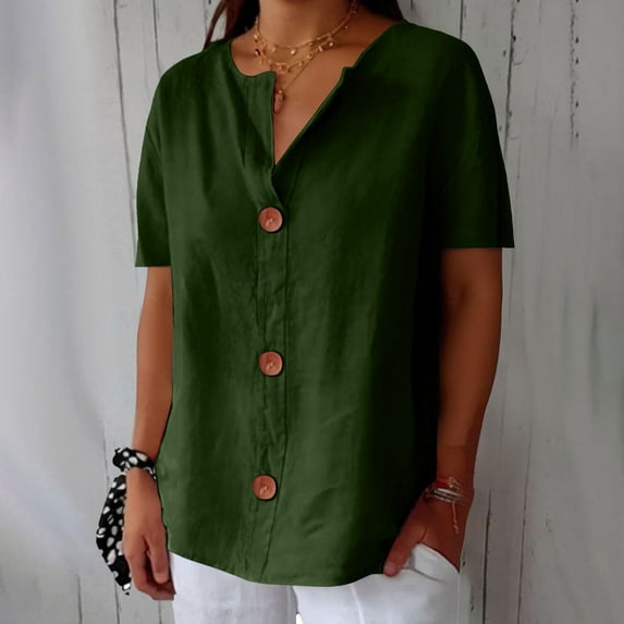 Pxiakgy Linen Shirts for Women Summer Cotton Linen V Neck Short Sleeve Tops Loose Vacation Beach Solid Blouses Tunic Tops Summer Loose Fit Short Sleeve Button Down Shirts for Women