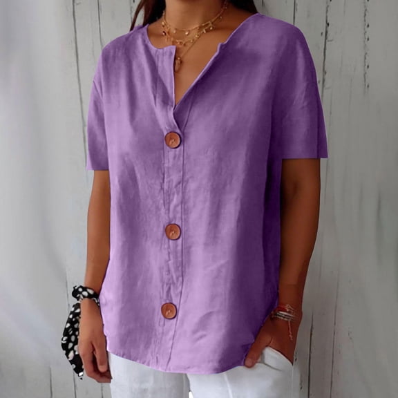 Pxiakgy Linen Shirts for Women Summer Cotton Linen V Neck Short Sleeve Tops Loose Vacation Beach Solid Blouses Tunic Tops Summer Loose Fit Short Sleeve Button Down Shirts for Women