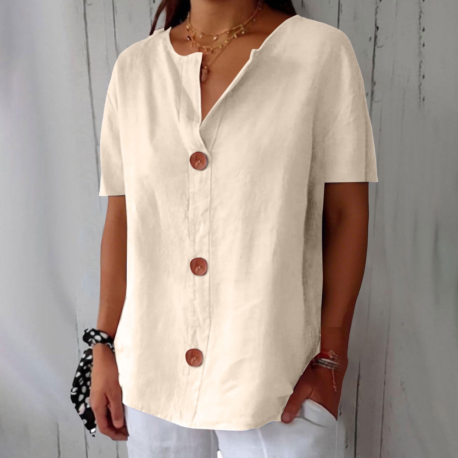 Summer Shirt Linen for Women Casual Short Sleeved in Lightweight