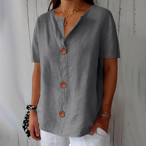 Pxiakgy Linen Shirts for Women Summer Cotton Linen V Neck Short Sleeve Tops Loose Vacation Beach Solid Blouses Tunic Tops Summer Loose Fit Short Sleeve Button Down Shirts for Women