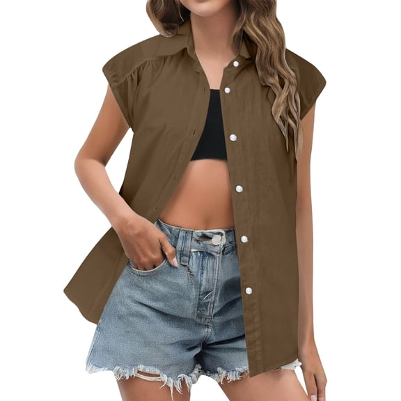 Pxiakgy Linen Shirts for Women Women's Elastic Cuffs Cotton Linen Button Up Shirt for Daily Casual Commuting Summer Loose Fit Sleeveless Button Down Shirts for Women Coffee S