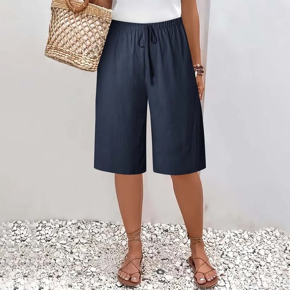 Pxiakgy Linen Shorts for Women Women's Wide Leg Pants Casual Wide Leg Lightweight Loose Palazzo Pants Trouser with Pockets Summer Line Comfy Lounge Beach Lightweight Short Navy Xxl