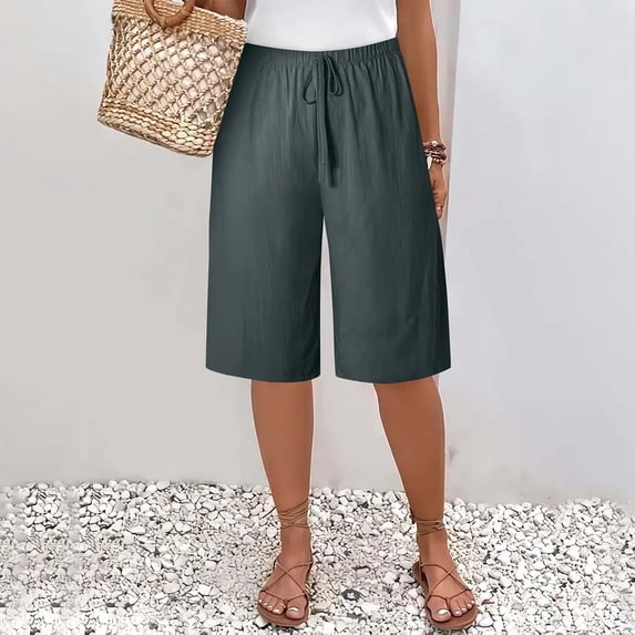 Pxiakgy Linen Shorts for Women Women's Wide Leg Pants Casual Wide Leg Lightweight Loose Palazzo Pants Trouser with Pockets Summer Line Comfy Lounge Beach Lightweight Short Dark Grey Xl
