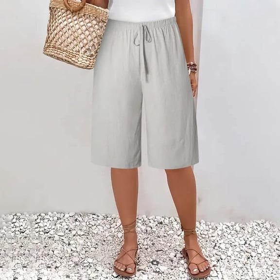Pxiakgy Linen Shorts for Women Women's Wide Leg Pants Casual Wide Leg Lightweight Loose Palazzo Pants Trouser with Pockets Summer Line Comfy Lounge Beach Lightweight Short White M