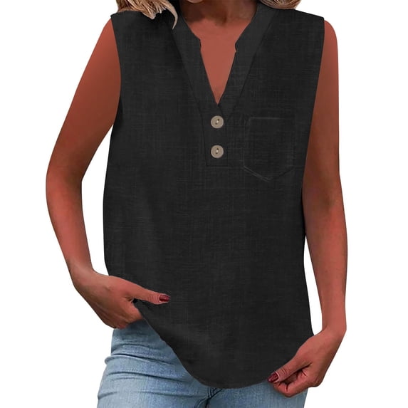 Pxiakgy Linen Tank Tops for Women,Henley Sleeveless Tops Casual Summer Loose Fit T Shirts Solid Color Tunic Tank Tops V Neck Tee Loose Button Shirt Top Stand Solid Color Collar Shirt Black L