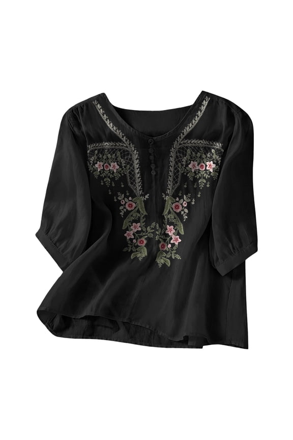 Linen Tops for Women Embroidered 3/4 Sleeve Bohemian Peasant Shirts V Neck Boho Spring 2026 Gauze Cotton Blouse Tunic Tops Lightweight Ethnic Style Dressy Casual Blouse Vacation Top Blouses L
