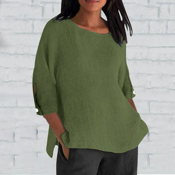 Pxiakgy Linen Tops for Women Ladies' Fashionable Casual Cotton And Linen Sleeve Seven Quarter Sleeve Top T Shirt Summer Loose Fit Short Sleeve Crew Neck Tunic Blouses Outfits Green M