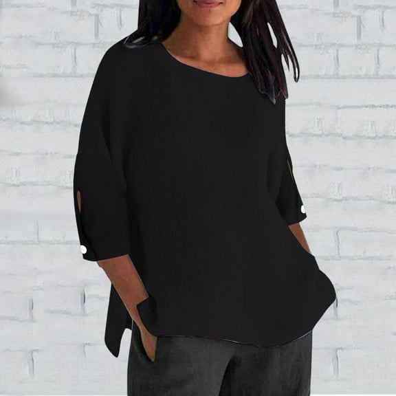 Pxiakgy Linen Tops for Women Ladies' Fashionable Casual Cotton And Linen Sleeve Seven Quarter Sleeve Top T Shirt Summer Loose Fit Short Sleeve Crew Neck Tunic Blouses Outfits Black L