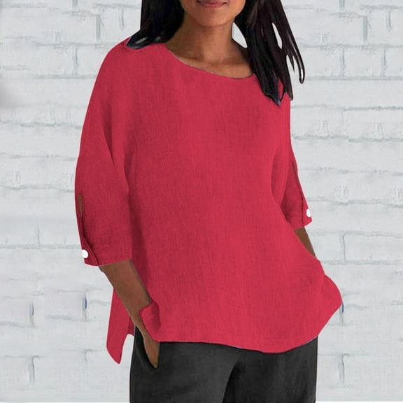 Pxiakgy Linen Tops for Women Ladies' Fashionable Casual Cotton And Linen Sleeve Seven Quarter Sleeve Top T Shirt Summer Loose Fit Short Sleeve Crew Neck Tunic Blouses Outfits Watermelon Red 5Xl