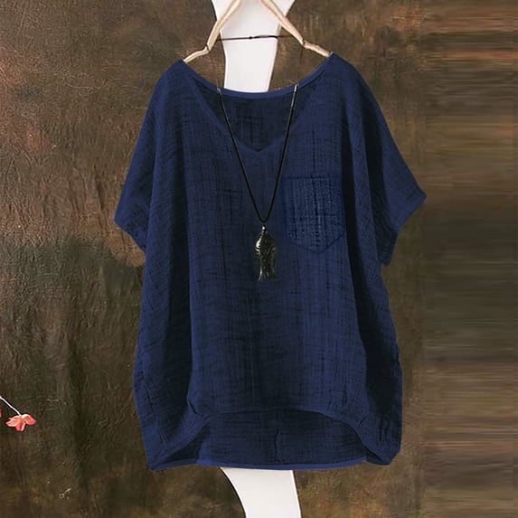 Pxiakgy Linen Tops for Women Loose Button Shirt Top Stand Solid Color Sleeve Collar Casual Women's Shirt Women's Shirt Summer Loose Fit Short Sleeve Crew Neck Tunic Blouses Outfits Navy Xxl