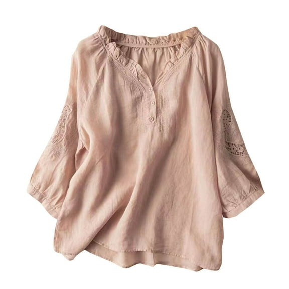 Pxiakgy Linen Tops for Women Loose Fit Cropped Retro Loose Slim Top Cotton and Linen Summer T Shirt Women's Cotton Linen Embroidered Retro Crew Neck 3/4 Lantern Sleeve Tops Tunic Blouse Pink M
