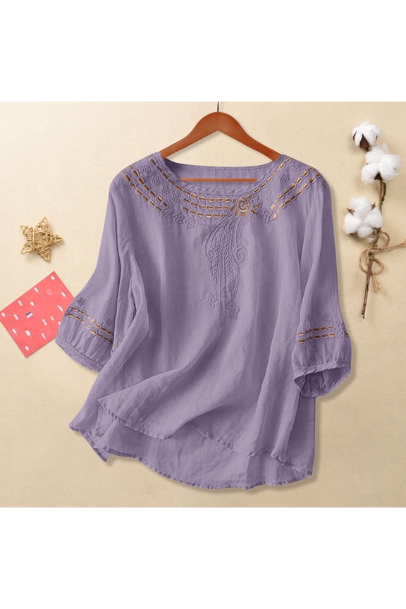Linen Tops for Women Relaxed Fit Basic Tee Lightweight Pullover Shirt Summer Tops for Women Elbow Sleeve Travel Vacation 3/4 Length Sleeve Womens Tops Summer Gauze Shirts Work Tees L