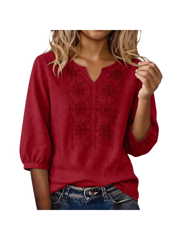 Linen Tops for Women Soft Floral Top Loose Tunics Top Mexican Shirts Summer Gauze Shirts Lightweight Pullover Shirt Elbow Sleeve Bohemian Tops Summer Tops for Women Fashion Clothes Red M