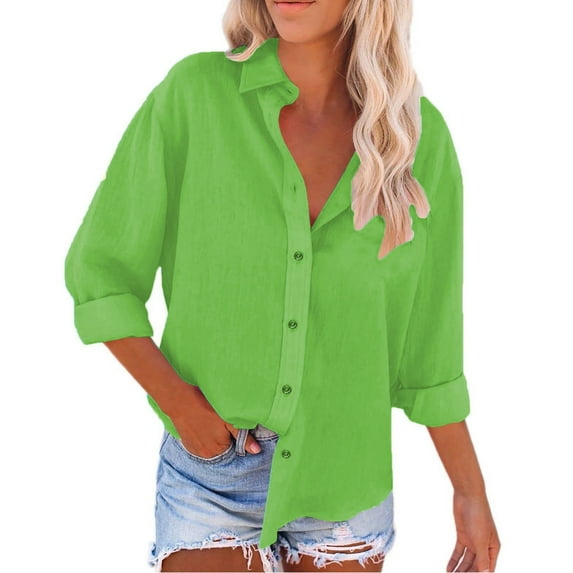 Pxiakgy Linen Women's Spring Summer Solid Color Shirt Long Sleeve Button Down Shirt Loose Fit Vacation Beach Workwear Tops Clothes Shirts for Women Size:s-5xl