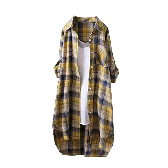Pxiakgy Long Flannel Shirts for Women Button Down Plaid Shirts Dresses Pocketed Women's V Neck Seven Quarter Sleeve Printed T Shirt Long Sleeve Plaid Boyfriend Front Shirt Yellow Xl