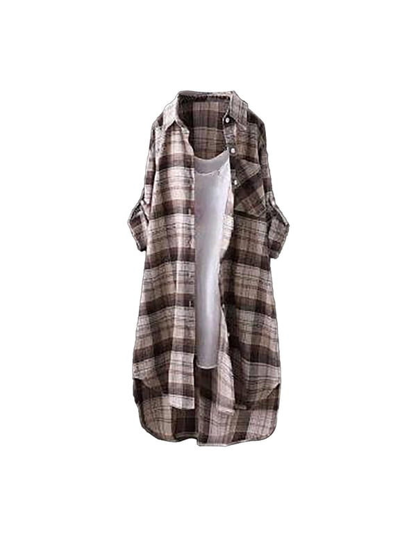Long Flannel Shirts for Women Button Down Plaid Shirts Dresses Pocketed Women's V Neck Seven Quarter Sleeve Printed T Shirt Long Sleeve Plaid Boyfriend Front Shirt Khaki S