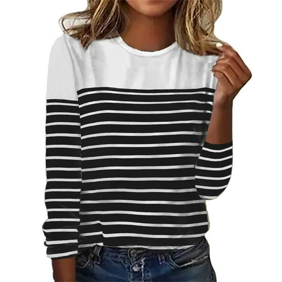 Pxiakgy Long Sleeve Shirts for Women 2025 Crew Neck Striped Shirts Casual Fall Tops Loose Fit Tunic Blouses Autumn and Winter New Stripe Two Color Printed Spliced Round Neck Top T Shirt White Xxl