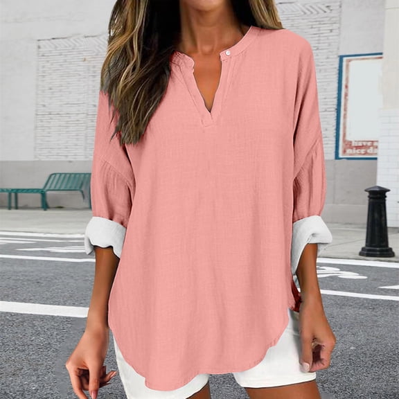 Pxiakgy Long Sleeve Shirts for Women Women Long Sleeve Solid Color Tops Spring Trendy Plus Size Boho Shirts Blouses Tops Pink 3Xl