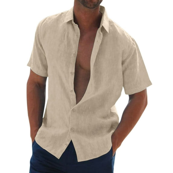 Pxiakgy Male Casual Solid Shirt Short Sleeve Turn Down Collar Shirt Button Formal Shirt Khaki XL