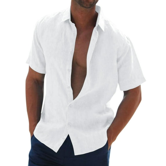 Pxiakgy Male Casual Solid Shirt Short Sleeve Turn Down Collar Shirt Button Formal Shirt White L