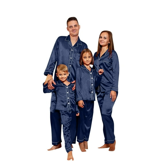 Pxiakgy Matching Family Christmas Pajamas Set, Silk Satin Long Sleeve Button Down Comfy Loungewear for Couples, Men, Women, Kids Christmas Satin Pajamas for Family 2 Piece Navy1 Kid Size:140