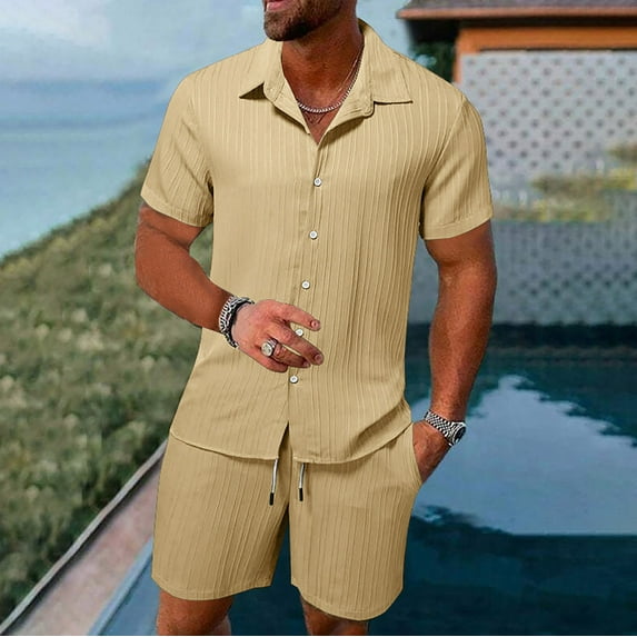 Pxiakgy Men'S Summer Breathable Two Piece Wrinkled Shirt Shorts Set Men'S Textured Beach Suit Beige + XL
