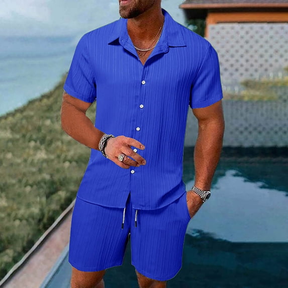 Pxiakgy Men'S Summer Breathable Two Piece Wrinkled Shirt Shorts Set Men'S Textured Beach Suit Blue + XL