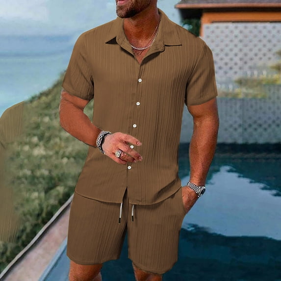 Pxiakgy Men'S Summer Breathable Two Piece Wrinkled Shirt Shorts Set Men'S Textured Beach Suit Coffee + L