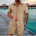 thumbnail image 1 of Pxiakgy Men'S Summer Breathable Two Piece Wrinkled Shirt Shorts Set Men'S Textured Beach Suit Khaki + 3XL, 1 of 5