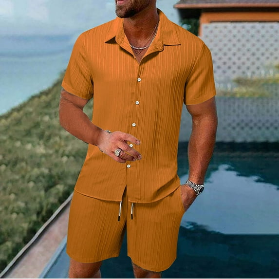Pxiakgy Men'S Summer Breathable Two Piece Wrinkled Shirt Shorts Set Men'S Textured Beach Suit Orange + 3XL
