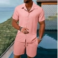 thumbnail image 1 of Pxiakgy Men'S Summer Breathable Two Piece Wrinkled Shirt Shorts Set Men'S Textured Beach Suit Pink + 3XL, 1 of 5