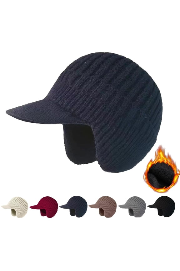 Men Winter Hat Beanie Outdoor Thermal Stocking Cap Watch Cap Hat Head Warm Knit Stocking Cap for Outdoor Skiing Cozy Trapper with Ear Flaps & Brim Beanie Hat with Brim Ear Flaps Navy One Size