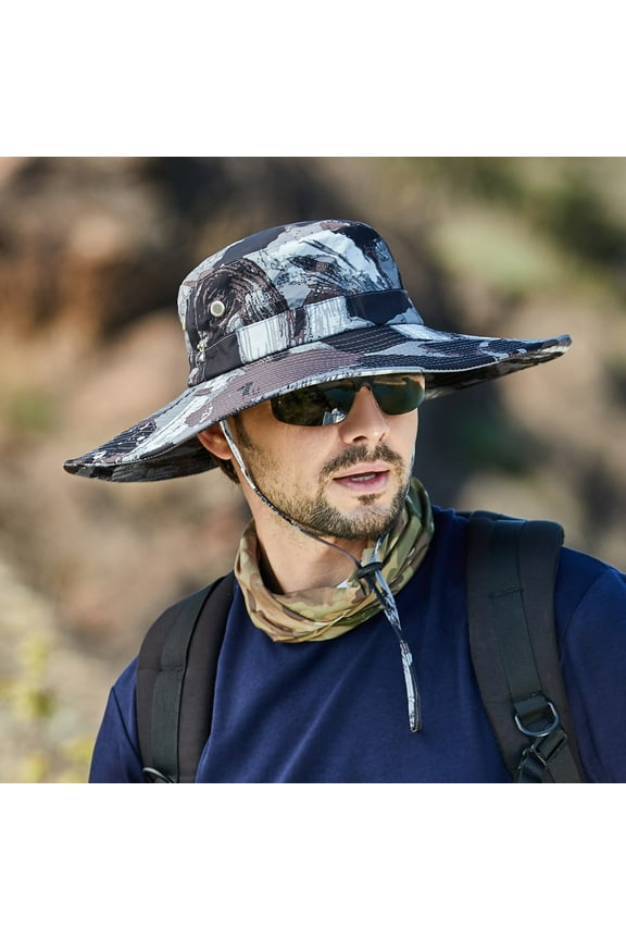 Men Women Cotton Sun Hats with Wind String Uv Protection Wide Brim Boonie Bucket Hat Fisherman Safari Cap Summer Outdoor Men Mountaineering Fishing Camouflage Hood Rope Outdoor Shade Foldable