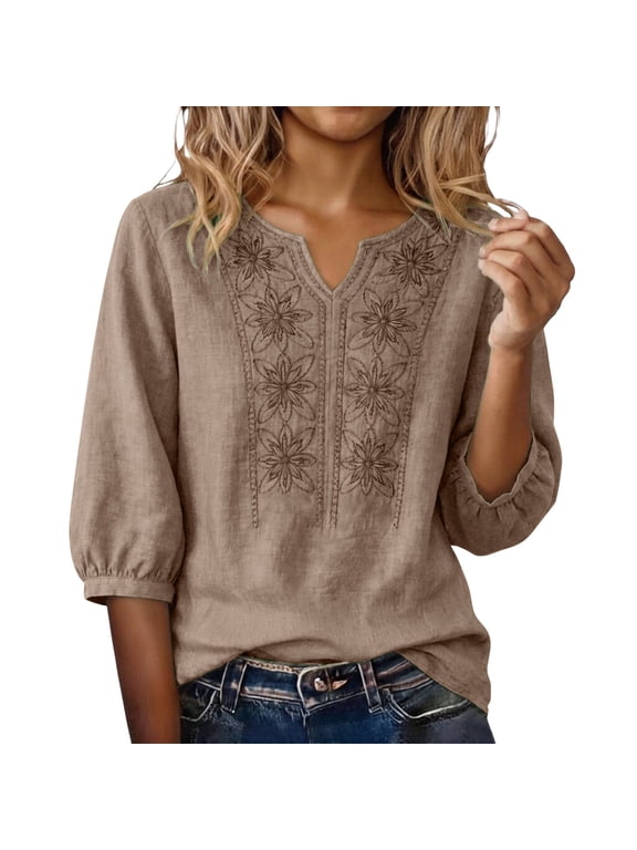 Mexican Embroidered Tops for Women Bohemian Tops Elbow Sleeve Solid Color Shirts Fashion Clothes Mexican Shirts 3/4 Length Sleeve Shirts 3/4 Length Sleeve Womens Tops Beach Travel Vacation